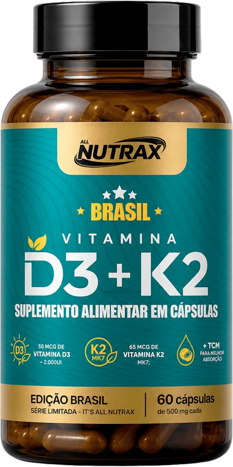 Frasco All Nutrax Vitamina D3 + K2 MK7, 60 cápsulas — Edição Brasil
